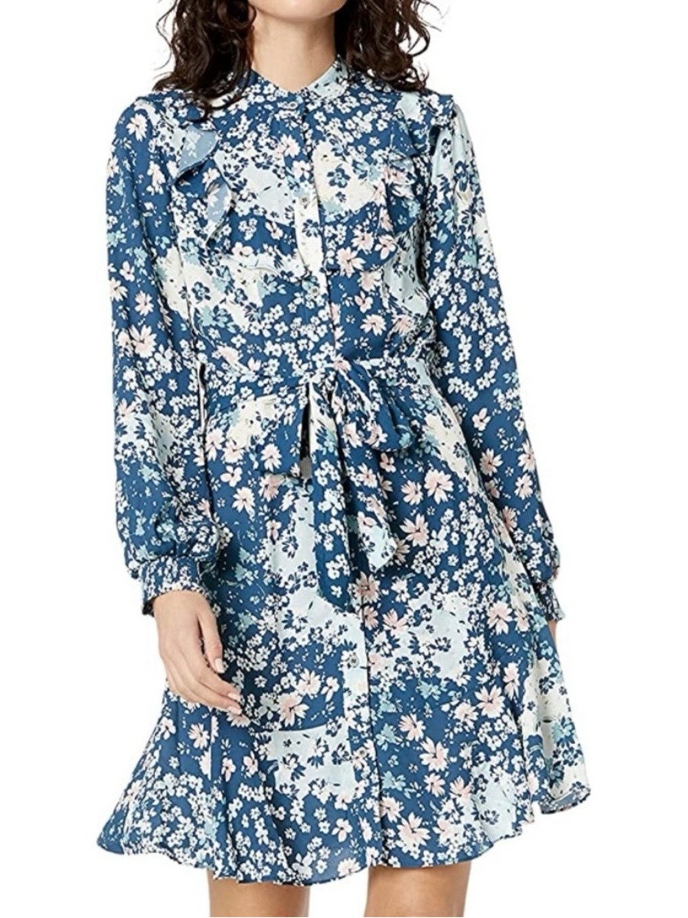 Shoshanna Petra Blue and Pink Floral Ruffle Flounce Dress w/ Long Sleeve Size 10
